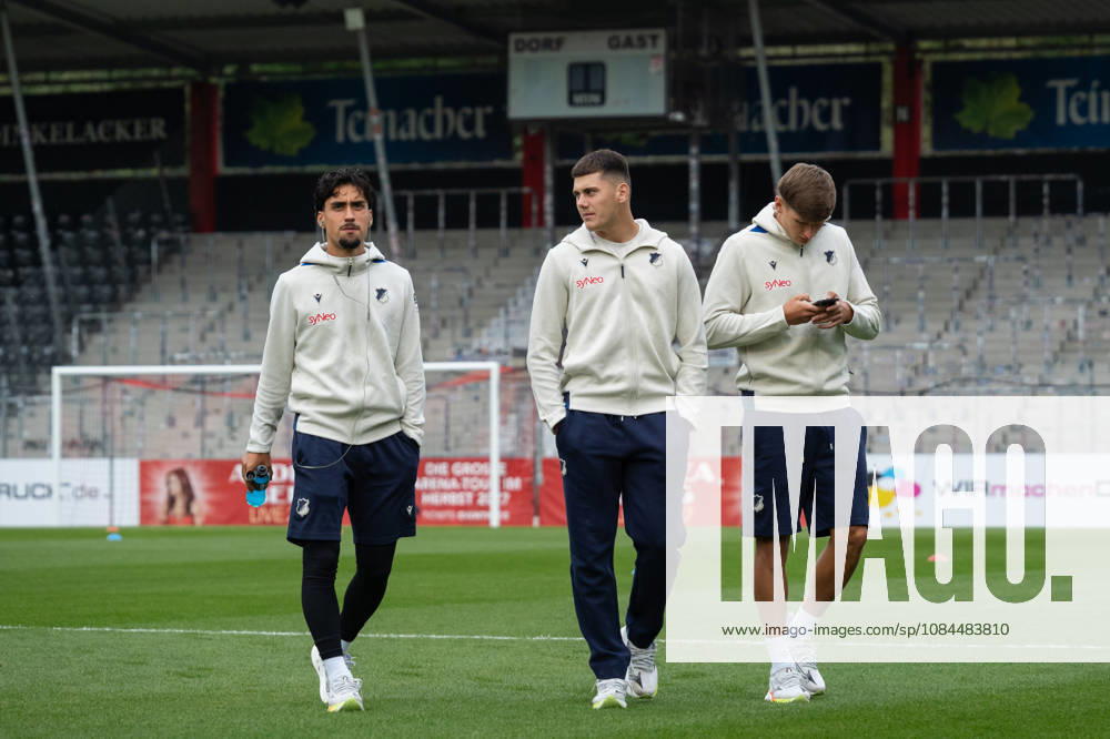 Soccer 3rd Division, VfB Stuttgart U23 vs. TSG Hoffenheim II, from left: Yasin Zor (10), TSG Hoffenheim II; Jakov Dedic (36), TSG Hoffenheim II; and Santino Pistrol (40), TSG Hoffenheim II, during the field inspection in Aspach