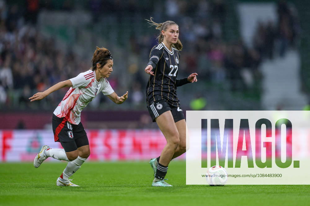 GER, Bremen, Germany vs. Japan, Soccer, FIFA, UEFA, 2026–2027 season, Weserstadion, Friendly Match (pictured, from left: Honoka Hayashi, Japan Women’s U-18), Jule Brand, Germany, Women’s National Team. DFB and DFL regulations prohibit any use of photographs as image sequences and or quasi-video. October 13, 2026