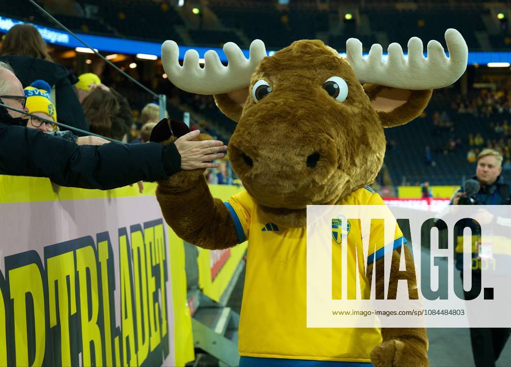 Swedish mascot Nick ahead of the World Cup 2027 qualifier match between Sweden and Lithuania at Strawberry Arena on October 13, 2026 in Solna, Sweden. (Peter Sonander SPP)