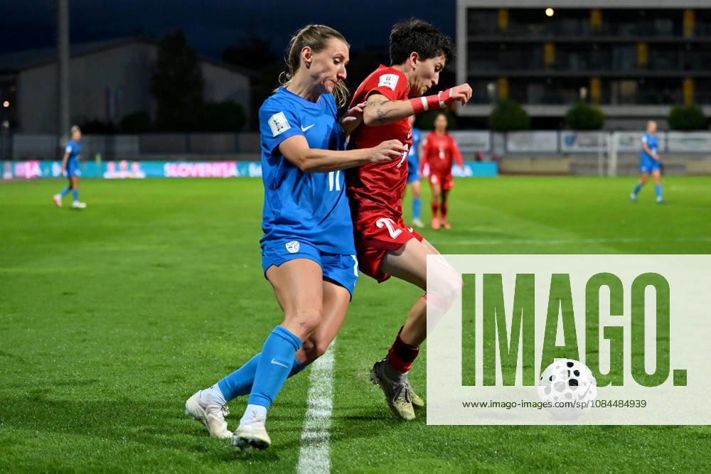 Lara Prasnikar of Slovenia (L) in action against Cansu Kaya of Turkey (R) during the UEFA Women’s European Qualifiers for 2027 World Cup Play-offs Round 1, 2nd leg match between Slovenia and Turkey at Sports Park Domzale, Domzale on October 13, 2026 in Domzale, Slovenia. (Photo by Igor Kupljenik Sports Press Photo).