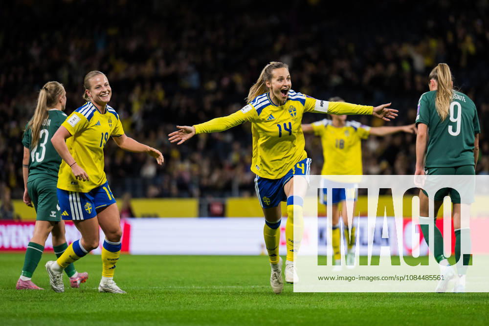 Anna Anvegard and Nathalie Björn of Sweden celebrate after scoring the 1-0 goal during the FIFA Women’s World Cup qualifying playoff soccer match between Sweden and Lithuania on October 13, 2026 in Stockholm. Photo by Emma Wallskog, BILDBYRÅN, code EW JZ0769. soccer, football, World Cup qualifier, FIFA Women’s World Cup qualifier, Sweden, Lithuania, women’s soccer, celebration