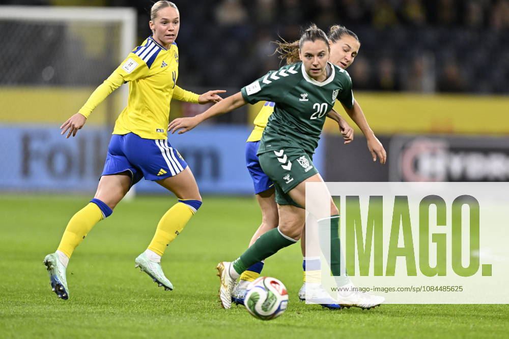 Lithuania s Liucija Vaitukaityte and Sweden s Hanna Lundkvist L during the 2027 Women s World Cup playoff soccer match between Sweden and Lithuania at Strawberry Arena in Stockholm, Sweden, October 13, 2026 STOCKHOLM, SWEDEN