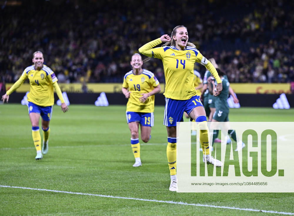 STOCKHOLM, SWEDEN, October 13, 2026: Sweden s Nathalie Björn celebrates after scoring a 1-0 goal during Tuesday s World Cup playoff soccer match between Sweden and Lithuania at Strawberry Arena, STOCKHOLM, SWEDEN