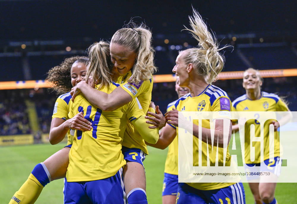 STOCKHOLM, SWEDEN, October 13, 2026. Sweden s Nathalie Björn is congratulated on her 10th goal during Tuesday s soccer match, a World Cup playoff between Sweden and Lithuania, at Strawberry Arena, STOCKHOLM, SWEDEN