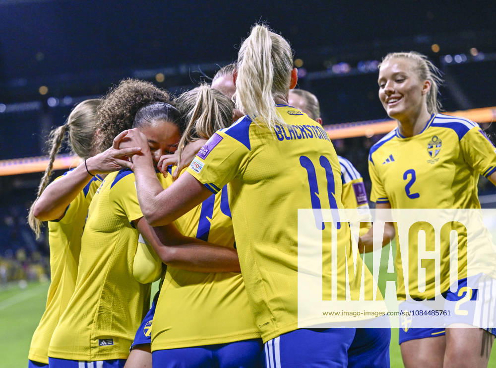 STOCKHOLM, SWEDEN, October 13, 2026. Sweden s Nathalie Björn is congratulated on her 10th goal during Tuesday s soccer match, a World Cup playoff between Sweden and Lithuania, at Strawberry Arena, STOCKHOLM, SWEDEN