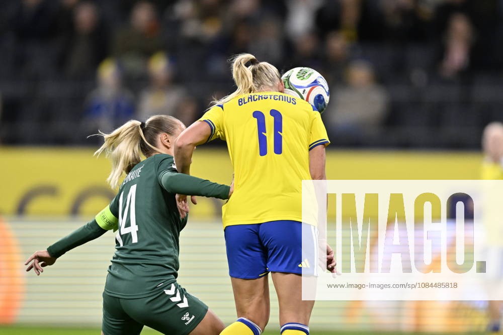 STOCKHOLM, SWEDEN 20261013 Sweden s Stina Blackstenius heads in her 20th goal during Tuesday s soccer match, the World Cup playoff between Sweden and Lithuania at Strawberry Arena in STOCKHOLM, SWEDEN