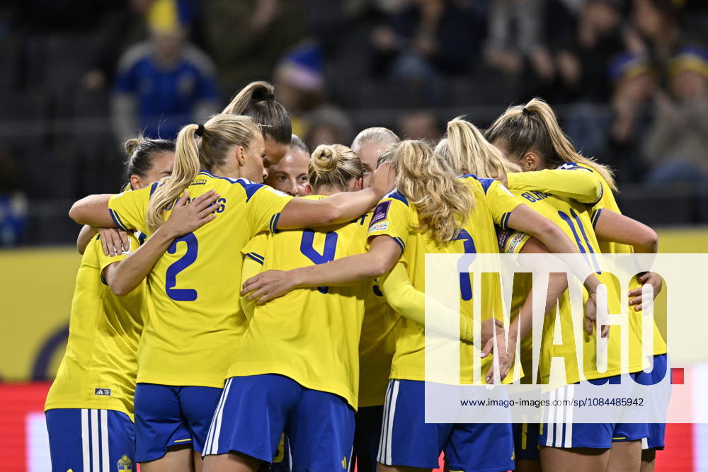 Sweden s team celebrates the 2-0 goal during the 2027 Women s World Cup playoff soccer match between Sweden and Lithuania at Strawberry Arena in Stockholm, Sweden, on October 13, 2026. STOCKHOLM, SWEDEN