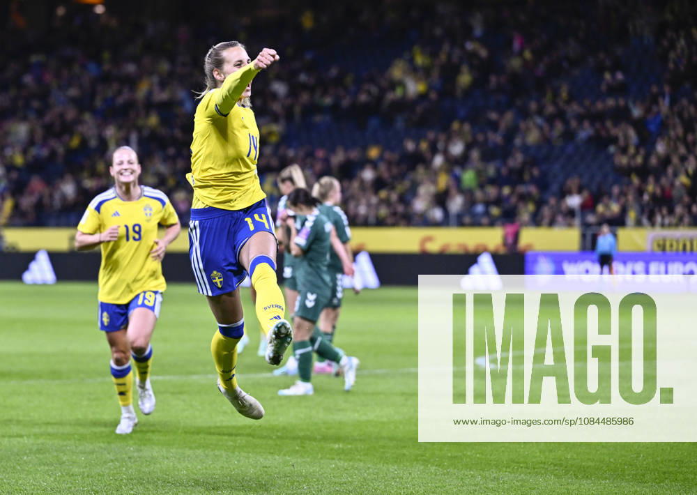 STOCKHOLM, SWEDEN, October 13, 2026: Sweden s Nathalie Björn celebrates after scoring a 1-0 goal during Tuesday s World Cup playoff soccer match between Sweden and Lithuania at Strawberry Arena, STOCKHOLM, SWEDEN