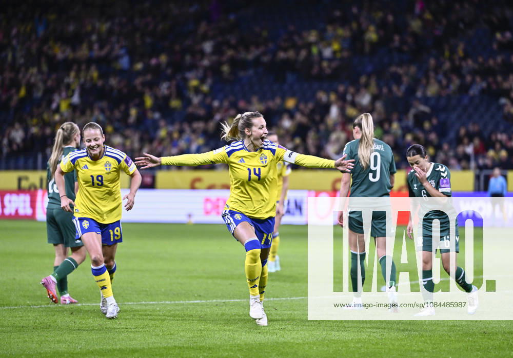 STOCKHOLM, SWEDEN, October 13, 2026: Sweden s Nathalie Björn celebrates after scoring a 1-0 goal during Tuesday s World Cup playoff soccer match between Sweden and Lithuania at Strawberry Arena, STOCKHOLM, SWEDEN