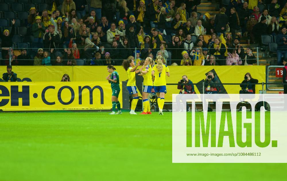 Smilla Holmberg of Sweden and Felicia Schroder of Sweden celebrates goal in the World Cup 2027 qualifier match between Sweden and Lithuania at Strawberry Arena on October 13, 2026 in Solna, Sweden. (Peter Sonander SPP)