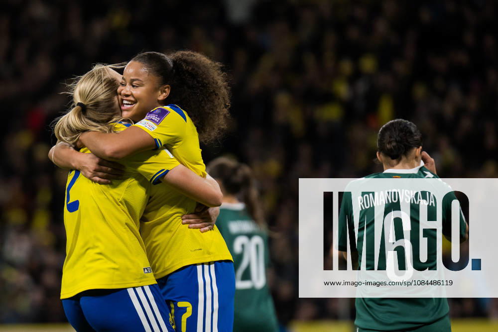 Smilla Holmberg and Felicia Schröder of Sweden celebrate after scoring 3–0 during the FIFA Women’s World Cup qualifying playoff soccer match between Sweden and Lithuania on October 13, 2026 in Stockholm. Photo by Emma Wallskog, BILDBYRÅN, code EW JZ0769. soccer, football, soccer, World Cup qualifiers, FIFA Women’s World Cup qualifier, Sweden, Lithuania, women’s soccer, celebration
