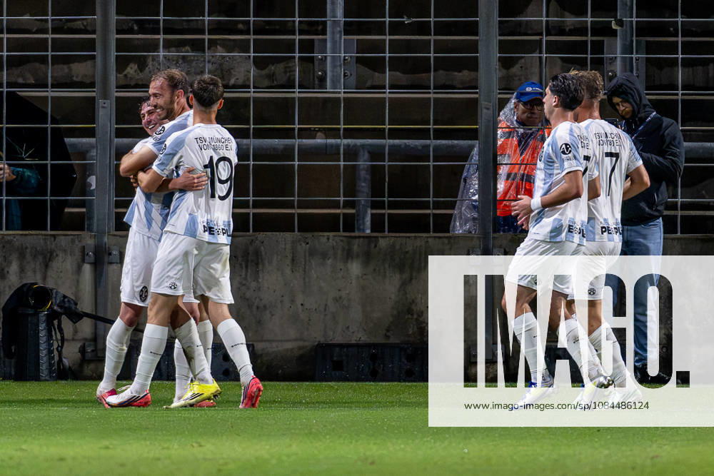 The Lions celebrate with assist provider Lance Fiedler (TSV 1860 Munich, 47) and Michael Eberwein (TSV 1860 Munich, 13) after his goal made it 1–0 GER, TSV 1860 Munich vs. SpVgg Oberfranken Bayreuth, Soccer, Bavarian Regional League, Matchday 14, 2026–2027 Season, October 13, 2026 DFL and DFB regulations prohibit any use of photographs as image sequences and or quasi-video. Photo: HMB Media, Heike Feiner