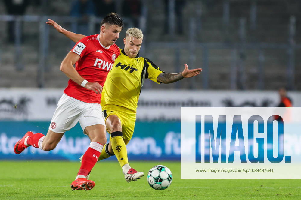 Soccer, 3rd Division, Matchday 9: Rot Weiss Essen vs. Fortuna Köln on October 13, 2026, at the Stadion an der Hafenstraße in Essen. Noah Pesch (Essen, left), Tom Geerkens (Köln, right). DFB regulations prohibit any use of photographs as image sequences and or quasi-video.
