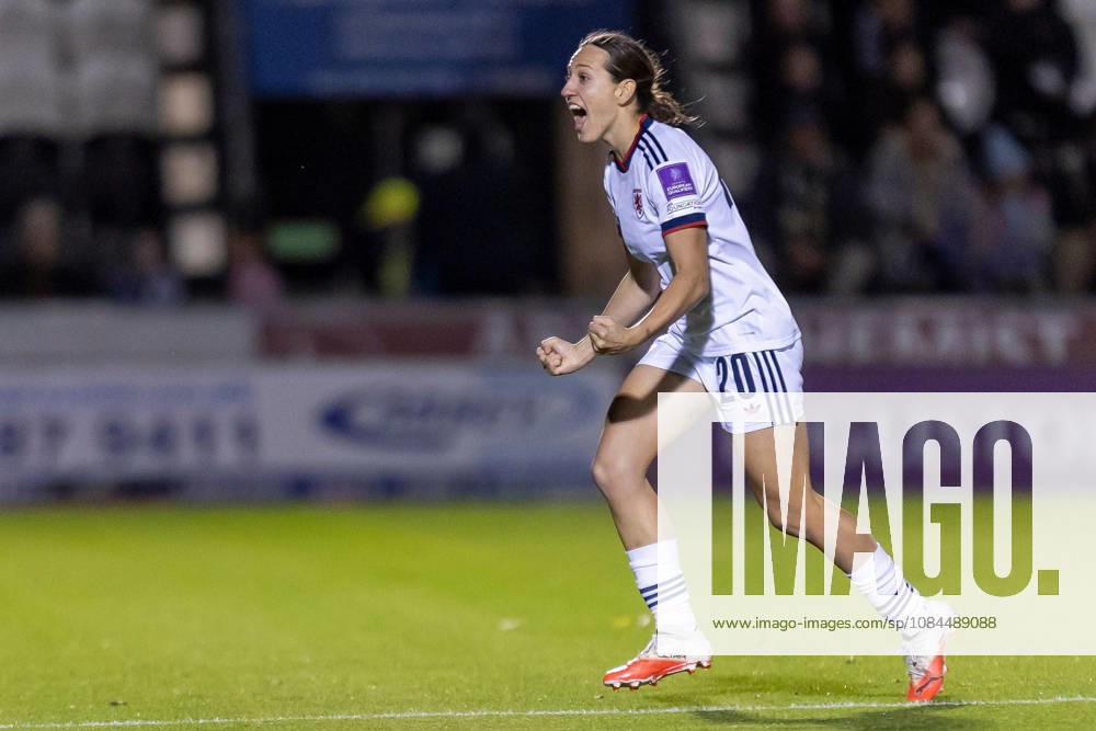 Scotland Women v Czech Republic Women, FIFA Women s World UEFA Cup, Play Off Semi Final GOAL! 0-1 Sabina StÅiÅ¾ova of Czechia runs towards her bench celebrating an early goal during the FIFA Women s World UEFA Cup Qualifying 1st round 2nd leg Semi Final Play Off. Scotland vs Czechia, Marbill Coaches Stadium, Paisley, Renfrewshire, Scotland, 13 October 2026 Paisley Marbill Coaches Stadium Renfrewshire Scotland Editorial use only ,