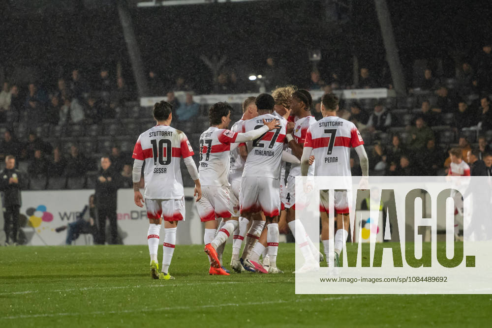 Soccer 3rd Division, VfB Stuttgart U23 vs. TSG Hoffenheim II, from left: goal celebration after Nicolas Sessa s goal to make it 3–2 (10), VfB Stuttgart II, David Preu (37), VfB Stuttgart II, Jarzinho Malanga 27, VfB Stuttgart II, Joyeux Masanka Bungi 24, VfB Stuttgart II, and Lauri Penna 7, VfB Stuttgart II Aspach