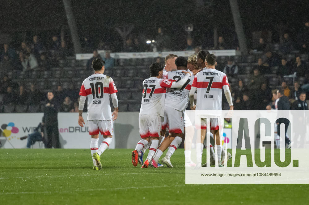 Soccer 3rd Division, VfB Stuttgart U23 vs. TSG Hoffenheim II, from left: goal celebration after Nicolas Sessa s goal to make it 3–2 (10), VfB Stuttgart II, David Preu (37), VfB Stuttgart II, Jarzinho Malanga 27, VfB Stuttgart II, Joyeux Masanka Bungi 24, VfB Stuttgart II, and Lauri Penna 7, VfB Stuttgart II Aspach