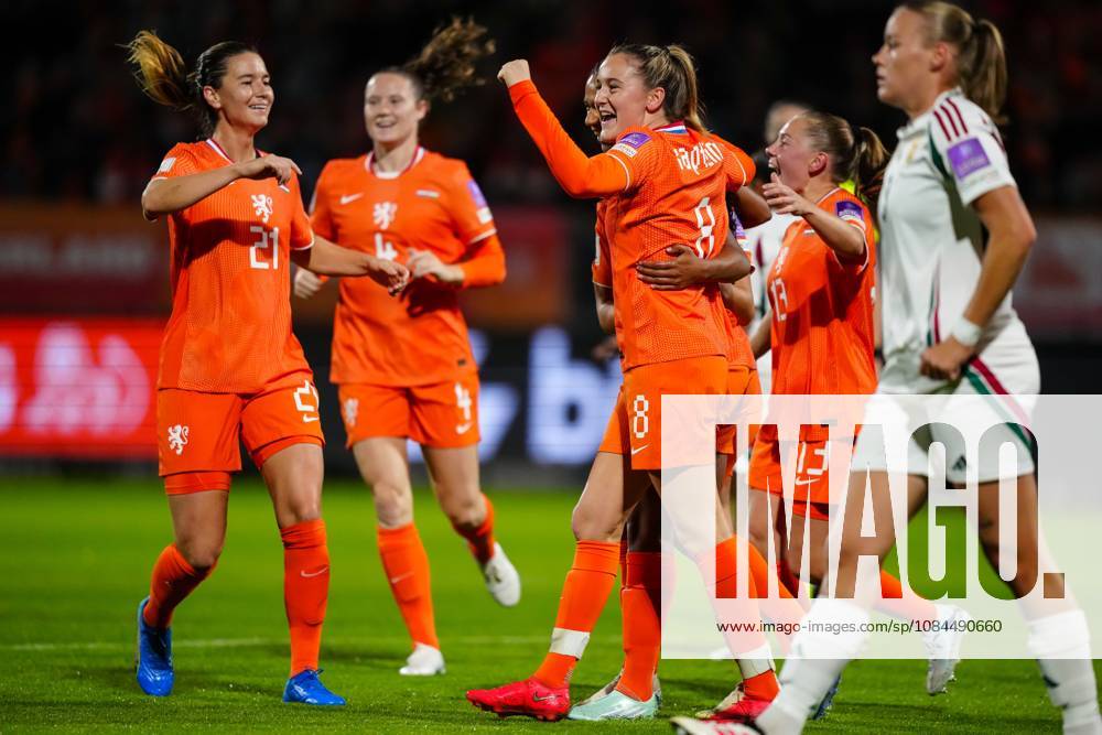 , Koning Willem II Stadium , season 2026 2027 , UEFA World Cup Qualification play-offs football , match between The Netherlands and Hungary (women) , picture shows goal celebration Netherlands players scored by Netherlands player Esmee Brugts Netherlands - Hungary (women) x208295518x