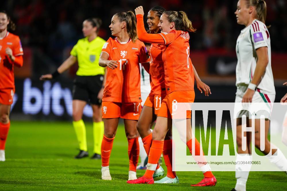 , Koning Willem II Stadium , season 2026 2027 , UEFA World Cup Qualification play-offs football , match between The Netherlands and Hungary (women) , picture shows goal celebration Netherlands players scored by Netherlands player Esmee Brugts Netherlands - Hungary (women) x208295519x
