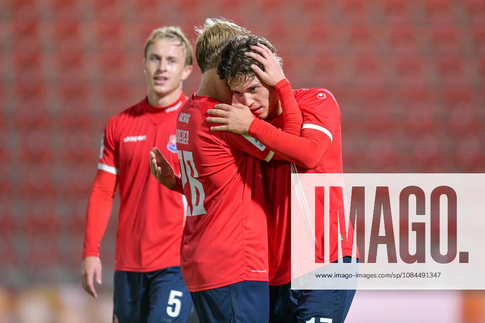 From left: Ben Westermeier (Unterhaching), 5; Andy Breuer (Unterhaching), 26; and the player who scored the 4-0 goal, celebrating the goal, cheering, goal celebration, goal, celebrating the goal, optimistic, action, October 13, 2026, Unterhaching, Germany, soccer, Bavarian Regional League, SpVgg Unterhaching vs. TSV 1882 Landsberg