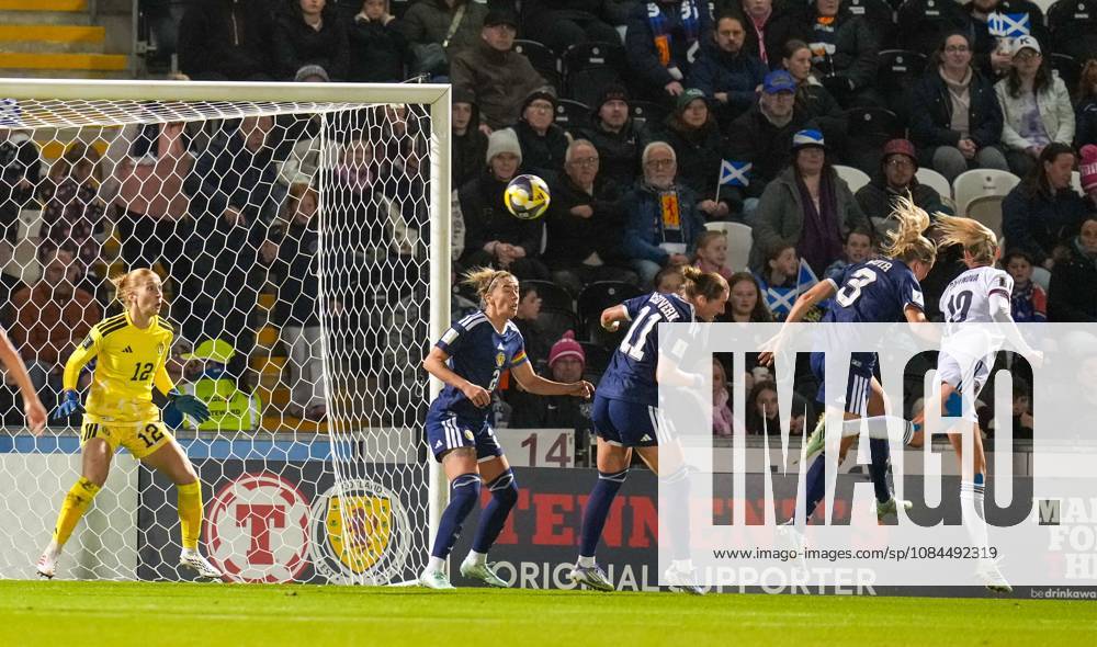 Czechia captain Klara Cahynova scores with a header to give Czechia a 1-2 lead (Agg. 3-2). Scotland Women v Czechia, Women s European World Cup Qualifier, Football, The Marbill Coaches Stadium, Paisley, Scotland, UK - 13 Oct 2026Paisley The Marbill Coaches Stadium Scotland United Kingdom