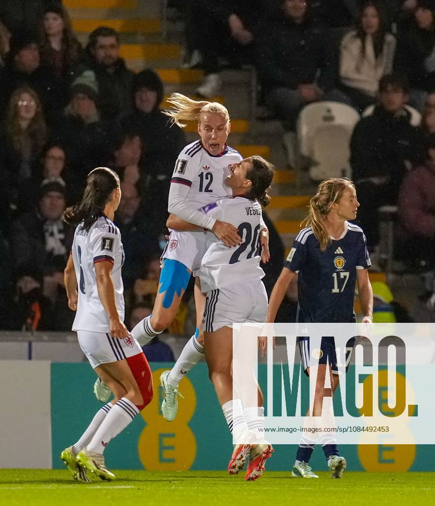 Czechia captain Klara Cahynova celebrates scoring with a header to give Czechia a 1-2 lead (Agg. 3-2). Scotland Women v Czechia, Women s European World Cup Qualifier, Football, The Marbill Coaches Stadium, Paisley, Scotland, UK - 13 Oct 2026Paisley The Marbill Coaches Stadium Scotland United Kingdom