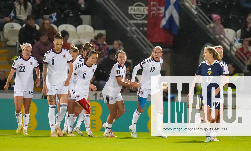 Czechia captain Klara Cahynova celebrates scoring with a header to give Czechia a 1-2 lead (Agg. 3-2). Scotland Women v Czechia, Women s European World Cup Qualifier, Football, The Marbill Coaches Stadium, Paisley, Scotland, UK - 13 Oct 2026Paisley The Marbill Coaches Stadium Scotland United Kingdom