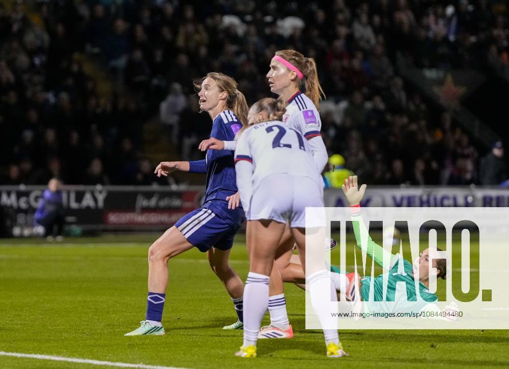 Christy Grimshaw of Scotland watches the ball as she scores to give Scotland a 3-2 (Agg. 5-2). Scotland Women v Czechia, Women s European World Cup Qualifier, Football, The Marbill Coaches Stadium, Paisley, Scotland, UK - 13 Oct 2026Paisley The Marbill Coaches Stadium Scotland United Kingdom