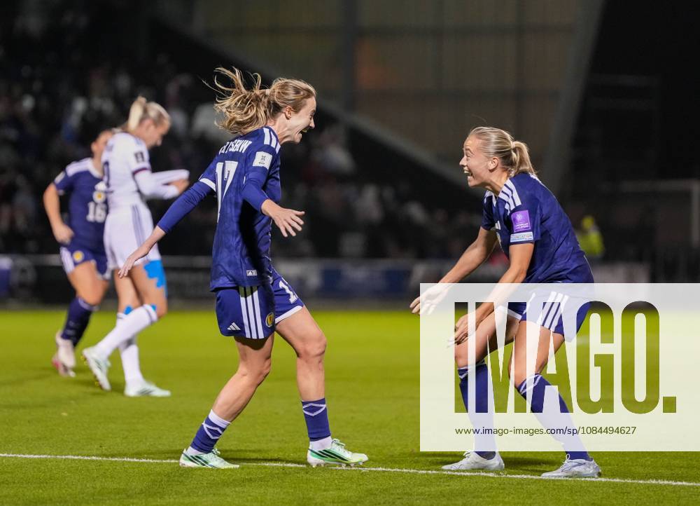 Christy Grimshaw of Scotland celebrates with team mate Amy Muir after scoring to give Scotland a 3-2 (Agg. 5-2). Scotland Women v Czechia, Women s European World Cup Qualifier, Football, The Marbill Coaches Stadium, Paisley, Scotland, UK - 13 Oct 2026Paisley The Marbill Coaches Stadium Scotland United Kingdom