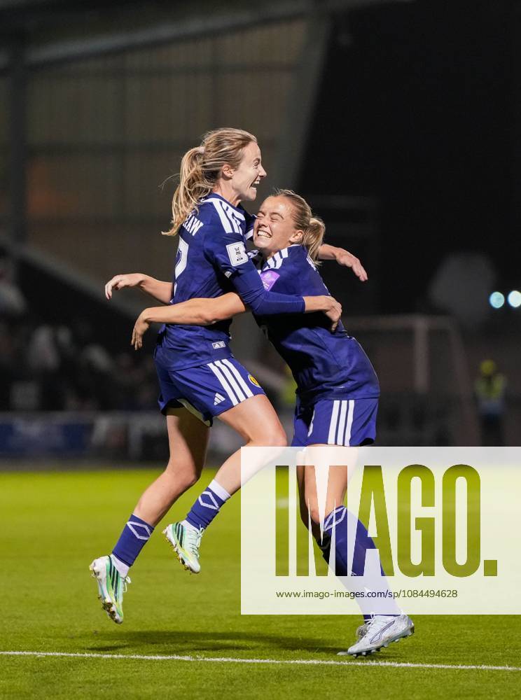 Christy Grimshaw of Scotland celebrates with team mate Amy Muir after scoring to give Scotland a 3-2 (Agg. 5-2). Scotland Women v Czechia, Women s European World Cup Qualifier, Football, The Marbill Coaches Stadium, Paisley, Scotland, UK - 13 Oct 2026Paisley The Marbill Coaches Stadium Scotland United Kingdom