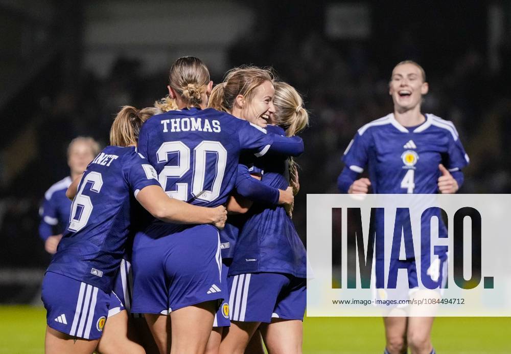 Christy Grimshaw of Scotland celebrates with team mates after scoring to give Scotland a 3-2 (Agg. 5-2). Scotland Women v Czechia, Women s European World Cup Qualifier, Football, The Marbill Coaches Stadium, Paisley, Scotland, UK - 13 Oct 2026Paisley The Marbill Coaches Stadium Scotland United Kingdom