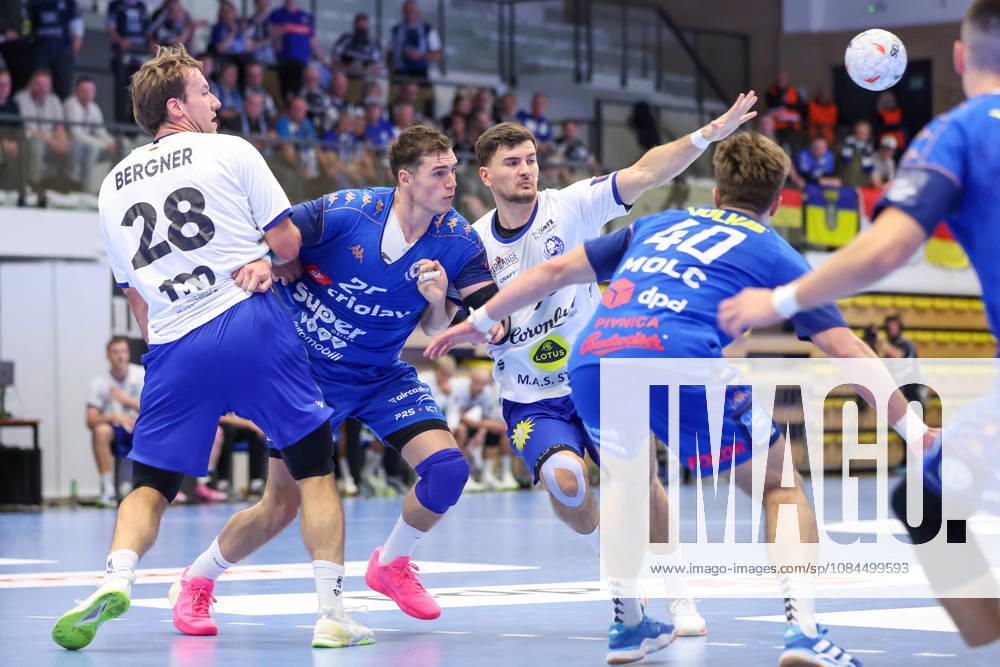 MRK Sesvete Triglav osiguranje v Bergischer HC - EHF European League Men Group Phase ZAGREB, CROATIA - OCTOBER 13: Tom Bergner of Bergischer, Petar Lulic of Sesvete and Janik Schrader of Bergischer in action during the EHF European League Men Group Phase match between MRK Sesvete Triglav osiguranje v Bergischer HC at High School Jelkovec on October 13, 2026 in Zagreb, Croatia. MatijaxHabljak PIXSELL