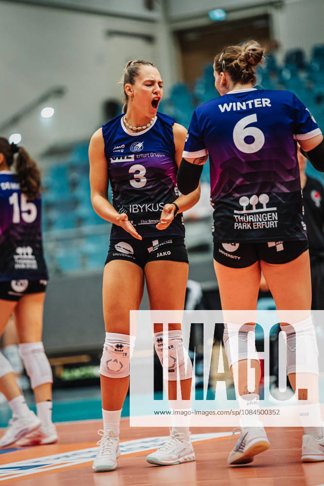 Women s Volleyball, 2026–2027 Season, DEKRA 1 Volleyball Bundesliga, ETV Hamburger Volksbank Volleys vs. Schwarz Weiß Erfurt, October 13, 2026, Lina Marie Lieb 3, Schwarz Weiß Erfurt celebrates, Hamburg CU Arena, Hamburg, Germany