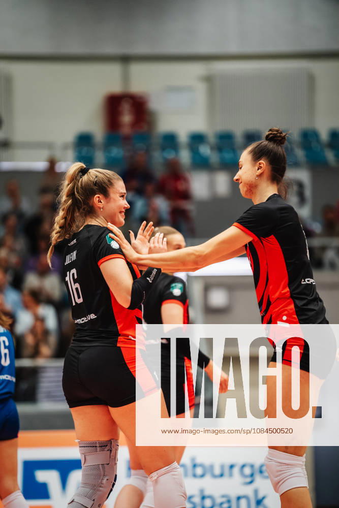 Women s Volleyball, 2026–2027 Season, DEKRA 1 Volleyball Bundesliga: ETV Hamburger Volksbank Volleys vs. Schwarz Weiß Erfurt, October 13, 2026; Vilma Julevik 16, ETV Hamburger Volksbank Volleys and Sina Siebert 13, ETV Hamburger Volksbank Volleys, Hamburg, CU Arena, Hamburg, Germany