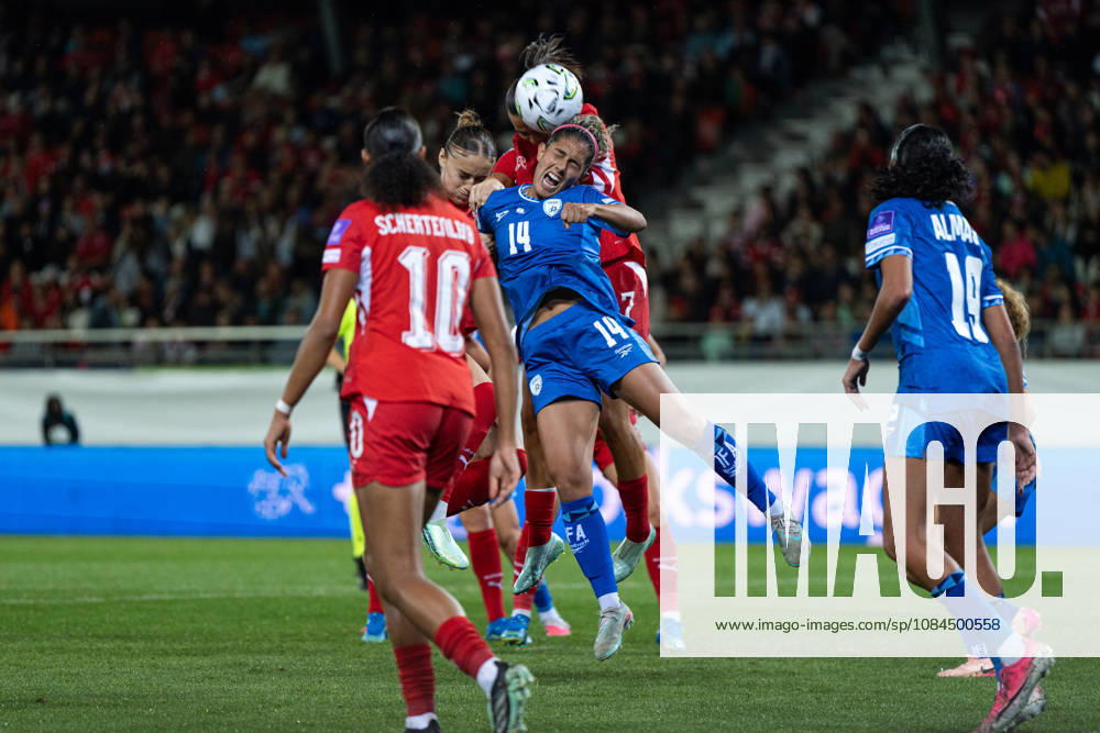 SION, SWITZERLAND, OCTOBER 13 : Aerial duel during the FIFA Women s World Cup 2027 Women s European Qualifiers Play-offs game between Switzerland and Israel at Stade de Tourbillon on October 13, 2026 in Sion, Switzerland.