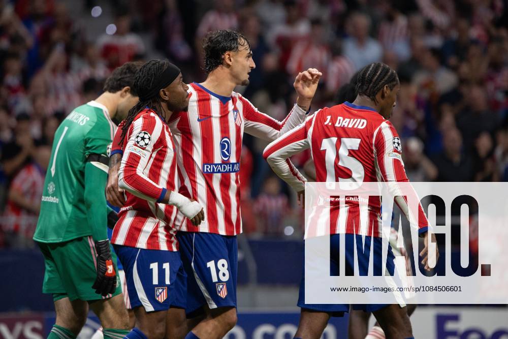 UEFA Champions League 2026 2027 (Match Finished) Atletico de Madrid and Manchester United, ManU in Madrid, Spain - 13 Oct 2026 Atlético de Madrid players celebrating a goal during the UEFA Champions League 2026 2027 match between Atletico de Madrid and Manchester United Final score: Atletico de Madrid 2 - 0 Manchester United Madrid Spain