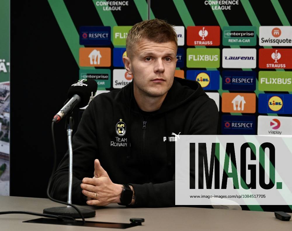 Ahead of the KuPS Kuopio v Trabzonspor - UEFA Conference League TAMPERE, FINLAND - OCTOBER 14: KuPS Kuopio head coach Miika Nuutinen (not seen) and player Petteri Pennanen attend a pre-match press conference, PK, Pressekonferenz at Tammelan stadion in Tampere, Finland on October 14, 2026. With KuPS hosting their UEFA Conference League opening match against Trabzonspor away from Kuopio due to stadium criteria, the team held their official media briefing at the 8,000-capacity venue. Seyit Ahmet Eksik Anadolu Tampere Finland. Editorial use only. Please get in touch for any other usage.