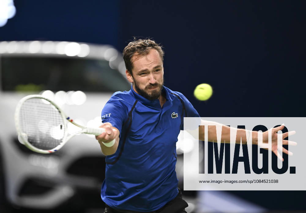 (261014) -- SHANGHAI, Oct. 14, 2026 -- Daniil Medvedev of Russia hits a return during the men s round of 16 match against Stefanos Tsitsipas of Greece at the 2026 ATP, Tennis Herren tour Shanghai Masters tennis tournament in Shanghai, China, Oct. 14, 2026. ) (SP)CHINA-SHANGHAI-TENNIS-SHANGHAI MASTERS-MEN S SINGLES (CN) ChenxHaoming