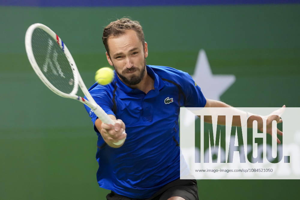 (261014) -- SHANGHAI, Oct. 14, 2026 -- Daniil Medvedev of Russia hits a return during the men s round of 16 match against Stefanos Tsitsipas of Greece at the 2026 ATP, Tennis Herren tour Shanghai Masters tennis tournament in Shanghai, China, Oct. 14, 2026. ) (SP)CHINA-SHANGHAI-TENNIS-SHANGHAI MASTERS-MEN S SINGLES (CN) WangxXiang