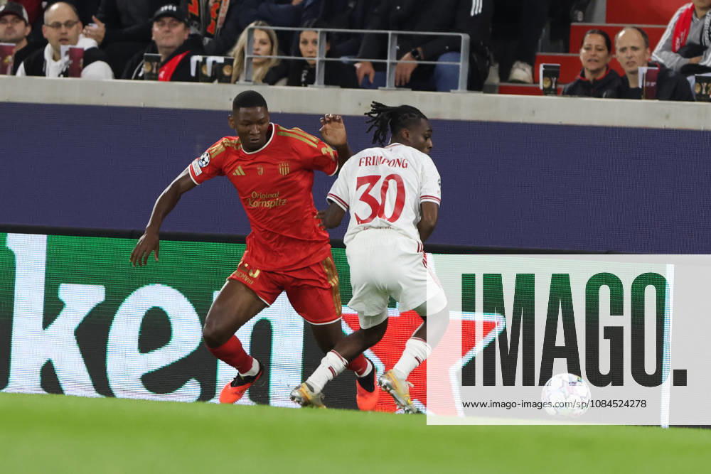 Yvan Dibango of LASK and Jeremie Frimpong of Liverpool during the UEFA Champions League league phase matchday 2 match between LASK and Liverpool at Oberoesterreich Arena on October 14, 2026 in Linz, Austria. (Photo by Severin Aichbauer Sports Press Photo SPP)