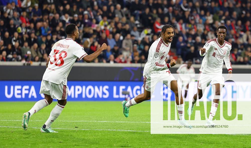 Bradley Barcola of Liverpool celebrates scoring their sides second goal LASK v Liverpool, UEFA Champions League, Football, Raiffeisen Arena, Linz, Austria - 14 Oct 2026Linz Raiffeisen Arena Austria