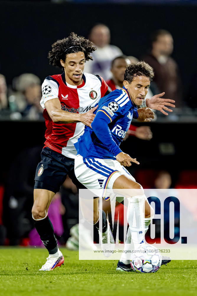 ROTTERDAM: Feyenoord midfielder Gjivai Zechiël and Como defender Kaiki Bruno during the UEFA Champions League match between Feyenoord and Como at De Kuip on October 14, 2026, in Rotterdam, Netherlands. Photo by DeFodi Images