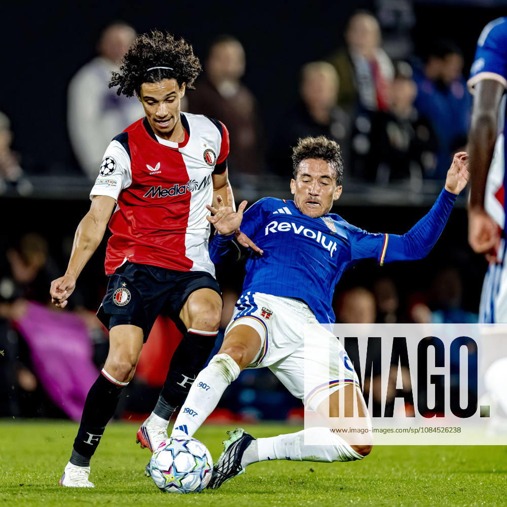 ROTTERDAM: Feyenoord midfielder Gjivai Zechiël and Como defender Kaiki Bruno during the UEFA Champions League match between Feyenoord and Como at De Kuip on October 14, 2026, in Rotterdam, Netherlands. Photo by DeFodi Images