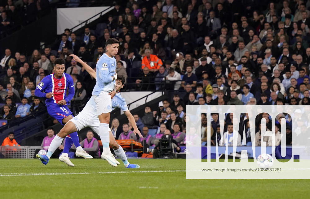 Manchester, England, 14th October 2026. Desire Doue of Paris Saint-Germain scores the first goal during the Manchester City vs Paris Saint Germain UEFA Champions League match at the Etihad Stadium, Manchester. Picture credit should read: Andrew Yates Sportimage . SPI_018_AY_Man_City_PSG SPI-5069-0018