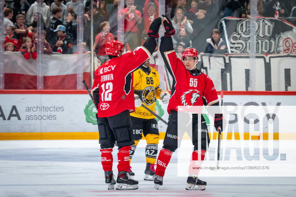 NL: Lausanne HC - HC Ajoie 14.10.2026, Lausanne, Vaudoise Arena, NL: Lausanne HC - HC Ajoie. Yannick Zehnder (12, Lausanne HC) celebrates his goal 4-0 and Connor Carrick (55, Lausanne HC) during the 2026-2027 Swiss National League Ice hockey, Eishockey game between Lausanne HC and HC Ajoie the Wednesday 14.10.2026 at the Vaudoise Arena in Lausanne, Switzerland. Lausanne Vaudoise Arena Vaud Switzerland