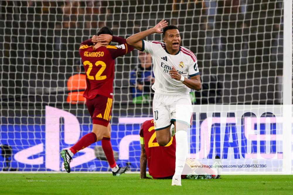 Kylian Mbappe of Real Madrid celebrates after scoring the goal of 1-1 during the UEFA Champions League 2026 2027 football match between AS Roma and Real Madrid at Stadio Olimpico in Rome (Italy), October 14, 2026. AndreaxStaccioli