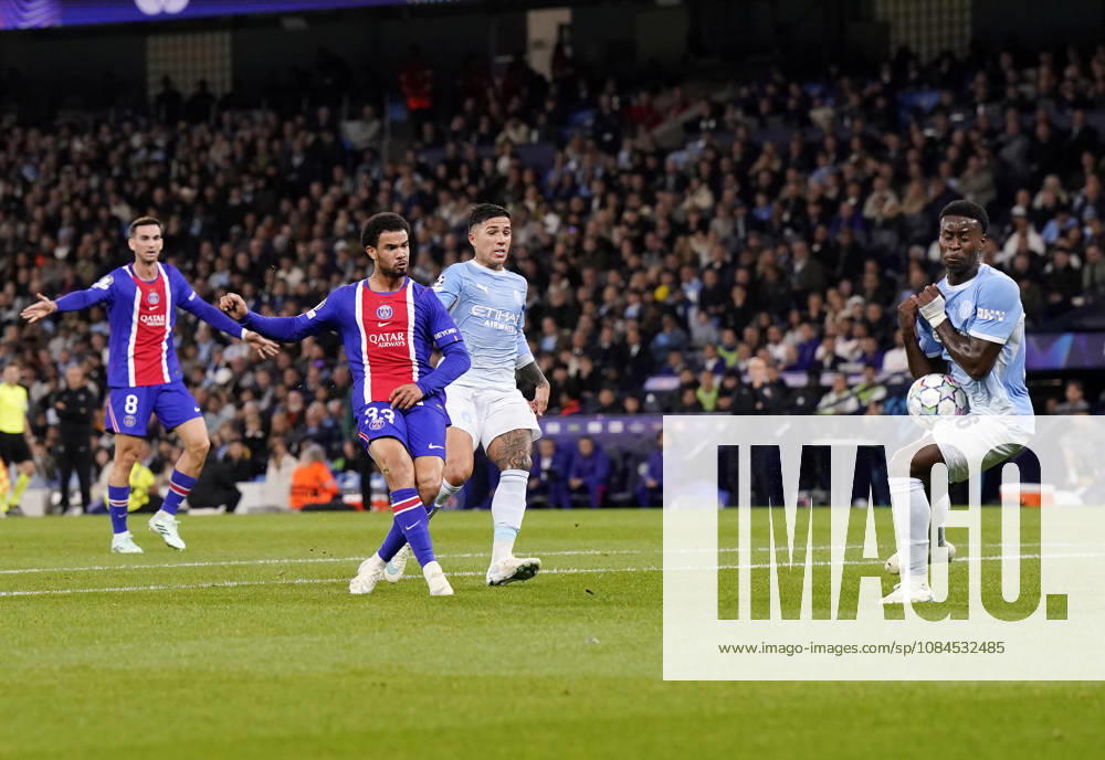 Manchester, England, 14th October 2026. Warren Zaire-Emery of Paris St Germain has a shot blocked by Marc Guehi of Manchester City during the Manchester City vs Paris Saint Germain UEFA Champions League match at the Etihad Stadium, Manchester. Picture credit should read: Andrew Yates Sportimage . SPI_028_AY_Man_City_PSG SPI-5069-0033