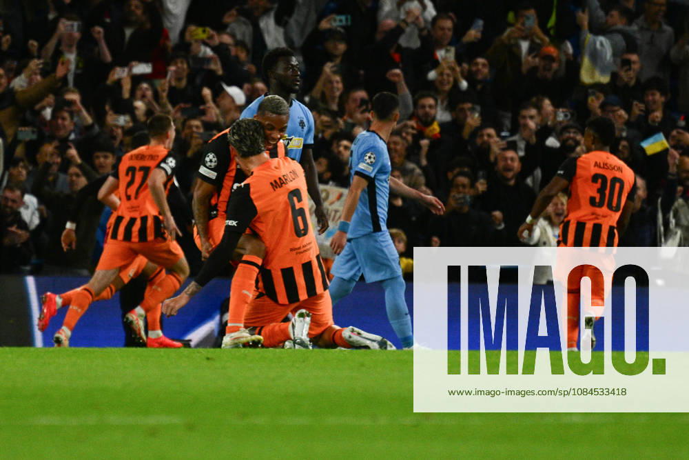 Pedrinho of FC Shakhtar Donetsk celebrates with his team mates after scoring their first goal from the penalty spot during the UEFA Champions League 2026 27 League Phase MD2 match between FC Shakhtar Donetsk and AEK Athens at Stamford Bridge on October 14, 2026 in London, England. (Photo by Yaroslav Dunka Sports Press Photo)
