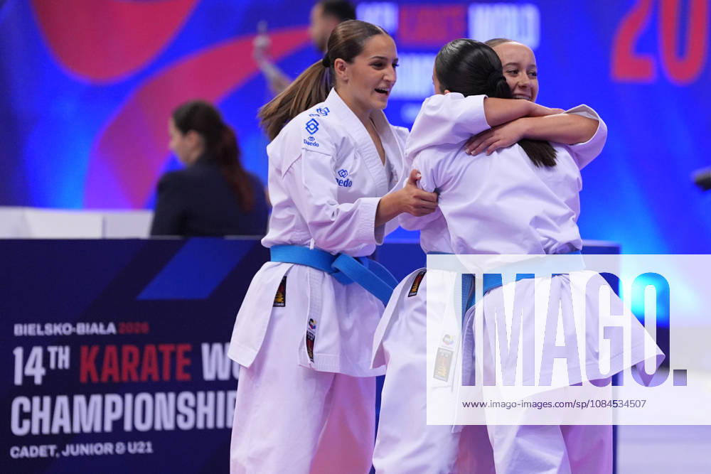 2026 World Cadet, Junior & U21, U 21 Karate Championships BIELSKO-BIALA, POLAND - OCTOBER 14: Female Kata Team of Spain celebrate victory after the cadet-junior female team kata semi-finals at the 2026 WKF Cadet, Junior and U21 World Championships at Hala Pod Debowcem on October 14, 2026 in Bielsko-Biala, Poland. Bielsko-Biala Hala Pod Debowcem Poland