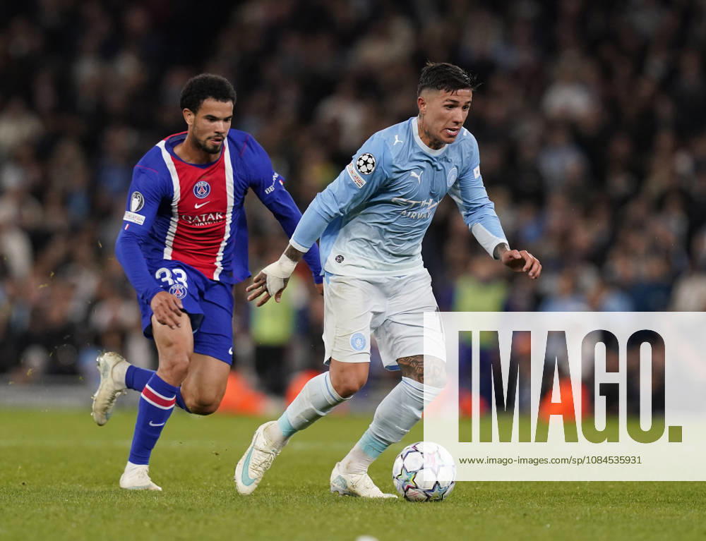 Birmingham, England, 14th October 2026. Enzo Fernandez of Manchester City and Warren Zaire-Emery of Paris St Germain during the Aston Villa vs Fenerbahce UEFA Champions League match at Villa Park, Birmingham. Picture credit should read: Cody Froggatt Sportimage . SPI_061_AY_Man_City_PSG SPI-5070-0050