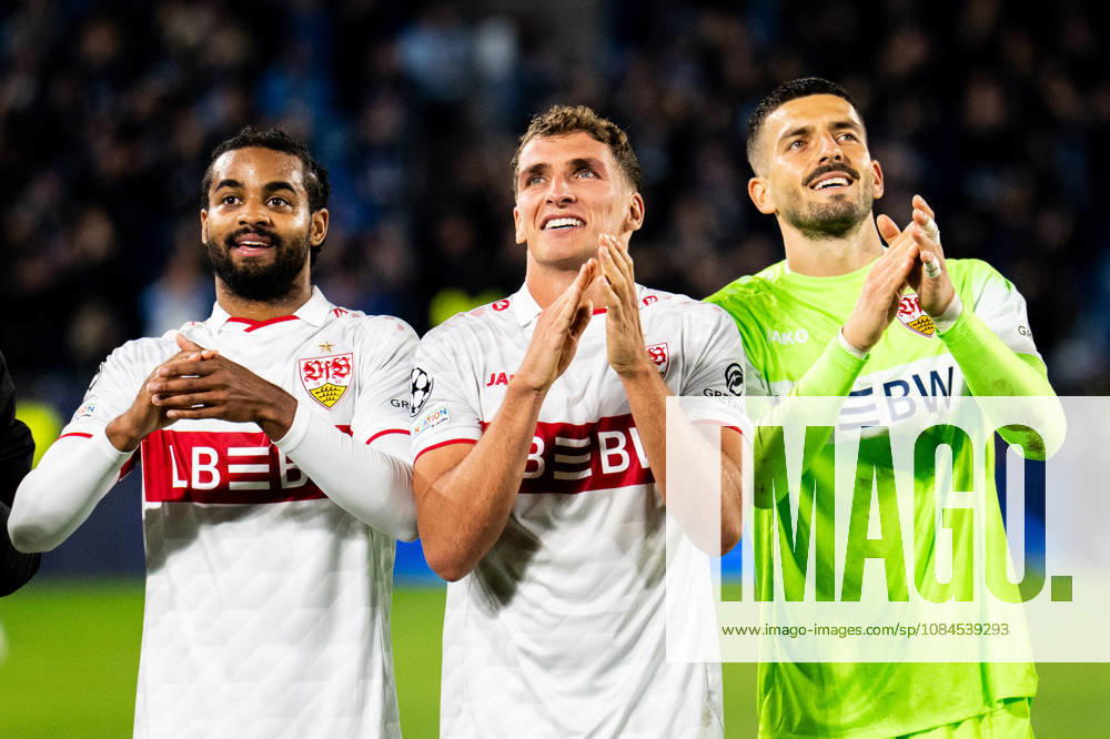 Champions League, Matchday 2: Slovan Bratislava vs. VfB Stuttgart at Tehelné Pole National Football StadiumFabian Bredlow Stadium VfB with Lorenz Assignon (VfB) and Grischa Prömel (VfB) IMPORTANT NOTICE In accordance with DFB and DFL regulations, it is prohibited to use or allow the use of photographs taken in the stadium and or during the match in the form of sequential images and or video-like photo sequences